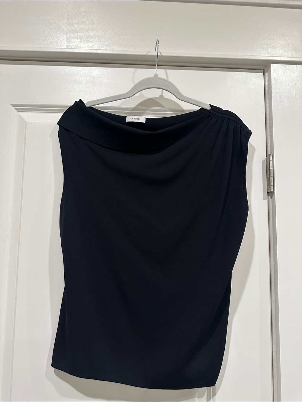 Reiss Black Ribbed One-Shoulder Draped Top